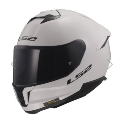 Capacete integral branco com viseira escura e logótipos LS2