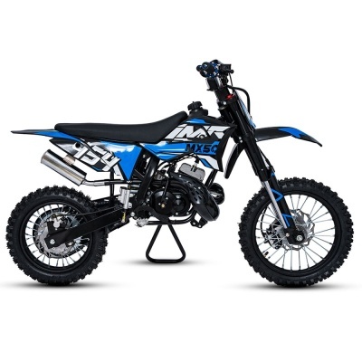 Mini moto azul e preta com pneus cravados e textos IMR MX5Q 50