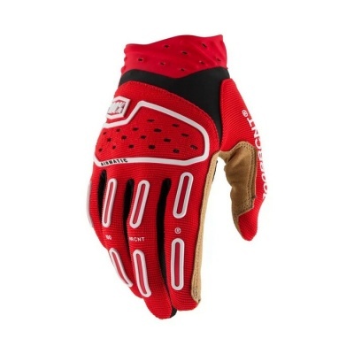 Luva desportiva vermelha com detalhes em preto, branco e castanho claro