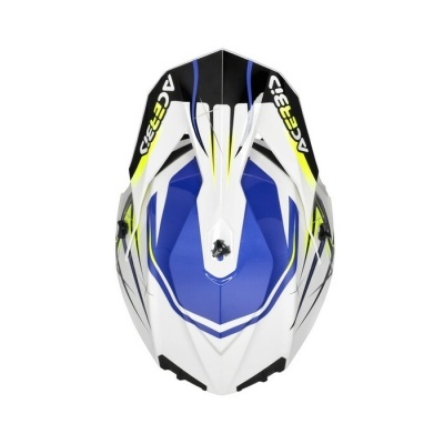 Capacete de mota branco, azul, preto e amarelo com texto ACERBIS