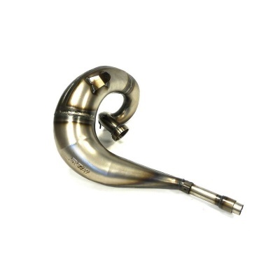 Tubagem de escape metálica curvada com soldaduras e texto FMF