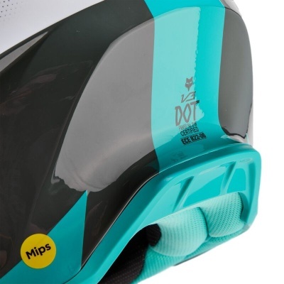 Capacete de motociclismo preto, cinza e azul turquesa com detalhes amarelos e acolchoamento interno azul