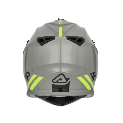 Capacete cinza mate com detalhes amarelos fluorescentes e logotipo preto