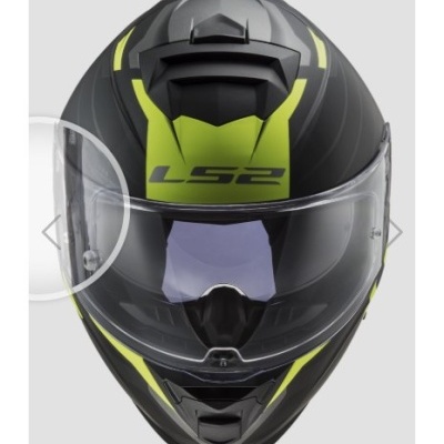 Capacete integral preto e amarelo fluorescente com viseira transparente e texto LS2