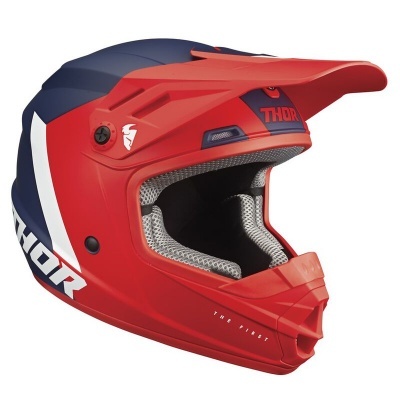 Capacete integral vermelho, azul e branco com interior acolchoado cinzento e texto THOR