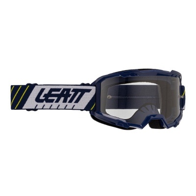 Óculos de proteção desportivos azul escuro com lente fumada e correia preta com texto LEATT