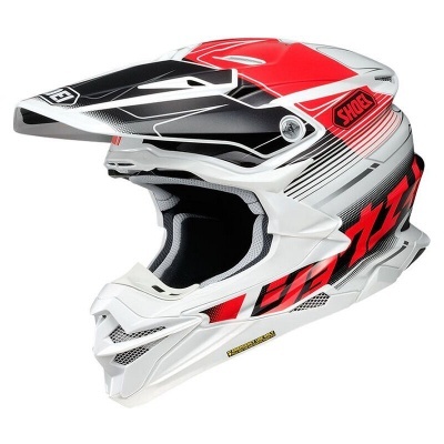 Capacete integral para motocross vermelho, branco e preto com textos SHOEI e JTX