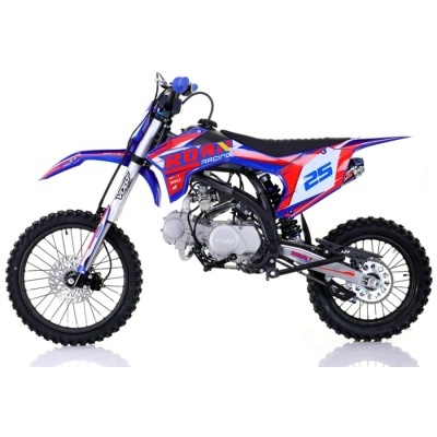 Moto de motocross azul e vermelha com número 25 em fundo branco