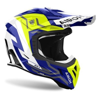 Capacete motocross azul, amarelo e branco com texto AIROH e ACE 2