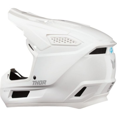Capacete integral motocross branco com texto 'THOR' e entradas de ventilação pretas