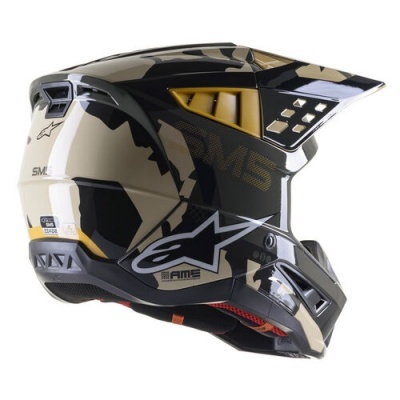 Capacete integral motocross preto bege dourado com detalhes vermelhos e inscrições