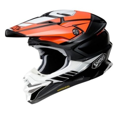 Capacete de motocross preto, branco e laranja com logo SHOEI