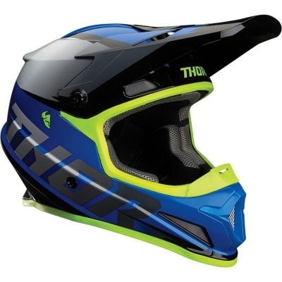 Capacete integral azul, verde-limão e preto com visor e acolchoamento interior