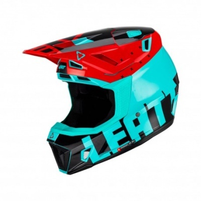 Capacete integral vermelho, azul e preto para ciclismo com texto LEATT