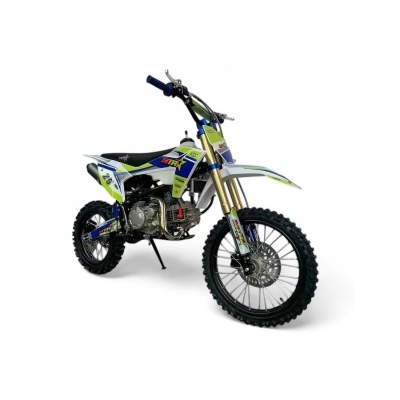 Moto de motocross azul, branca e verde com pneus grossos pretos