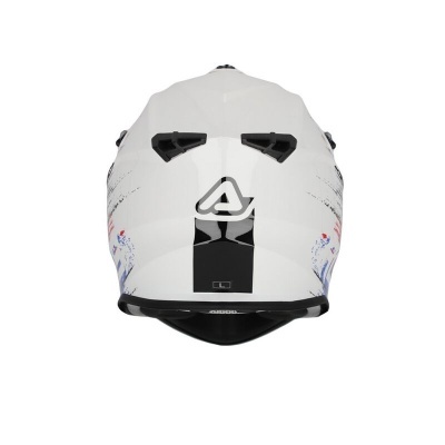 Capacete integral branco com detalhes em preto, vermelho e azul, vista traseira