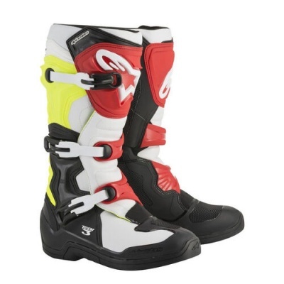 Botas de motocross preto, branco, vermelho e amarelo fluorescente com fivelas