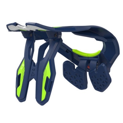 Suporte de capacete dobrável azul escuro com detalhes verdes e almofadas de borracha