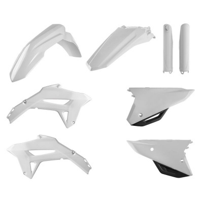 Set de peças plásticas brancas para motocicleta em fundo branco