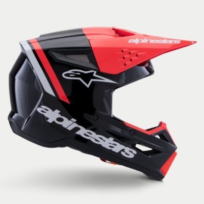 Capacete de motocross Alpinestars preto, vermelho e branco com texto alpinestars