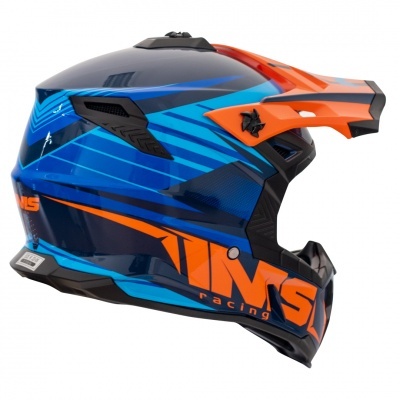 Capacete de motocross azul e laranja com texto MXS racing