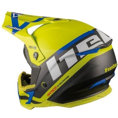 Capacete integral amarelo fluorescente, preto e azul da Hebo com visor e texto ART. 5501
