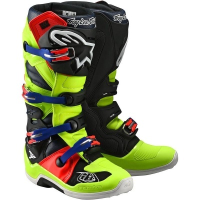 Botas motocross Troy Lee Designs neon verde preto vermelho azul com fivelas