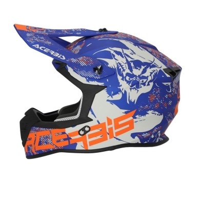 capacete de motocross azul, branco e laranja com desenho de rosto demónio