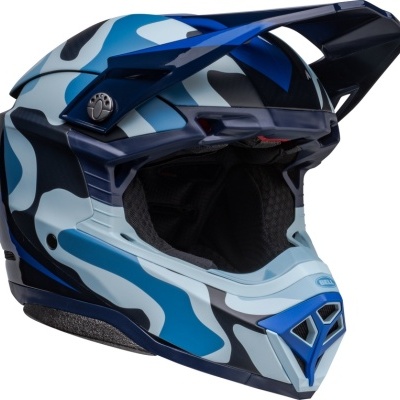 Capacete integral motocross azul com padrão camuflado