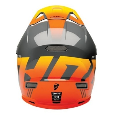 Capacete de motociclismo laranja e cinza com texto Thor DOT na traseira