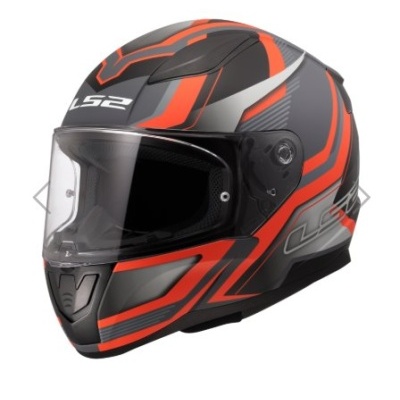 Capacete integral LS2 preto, cinza e laranja com viseira transparente