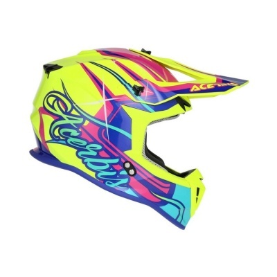 Capacete integral amarelo fluorescente com detalhes rosa, azul e roxo, texto Icebis e ACE