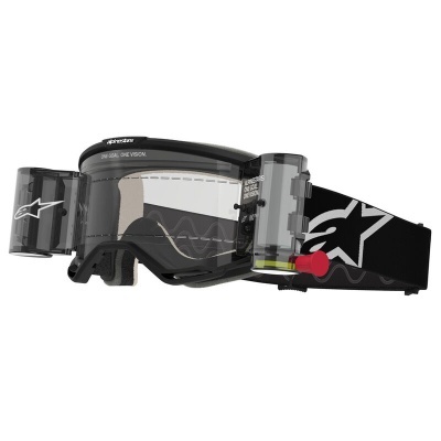 Óculos de proteção motocross pretos com lente transparente e cinta com logotipo Alpinestars branco