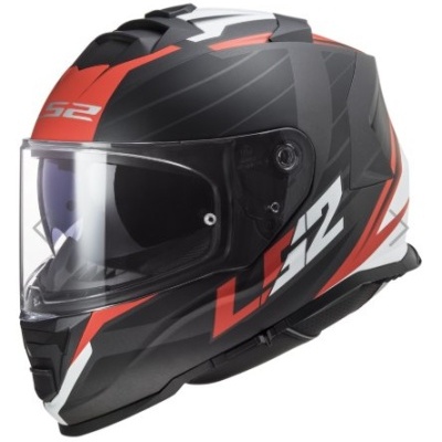 Capacete integral de motociclista preto, vermelho e branco com visor transparente e texto LS2