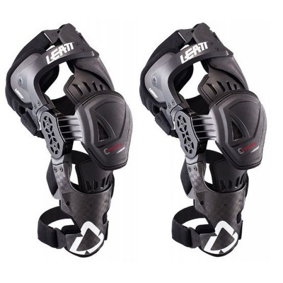 Par de joelheiras pretas de proteção LEATT com fechos ajustáveis e detalhes em cinza e vermelho