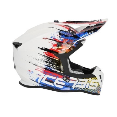 Capacete integral branco com detalhes coloridos e texto ACERBIS nas laterais