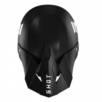 Capacete preto com design angular e texto 'SHOT RACE GEAR' na frente