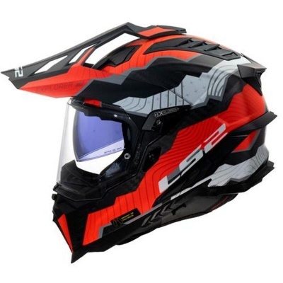 Capacete de motocross vermelho, preto e cinza com viseira transparente e texto LS2