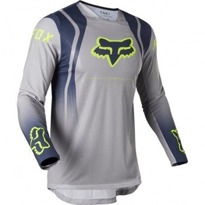 Camisola de motocross cinzenta com logótipo amarelo fluorescente e texto FOX