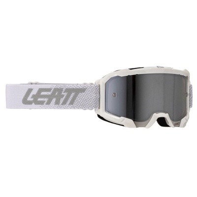 Óculos desportivos brancos com lente cinzenta espelhada e faixa elástica branca com texto LEATT