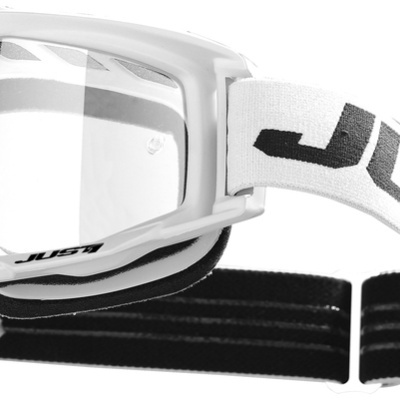 Óculos de proteção desportivos brancos com tira elástica branca e texto preto