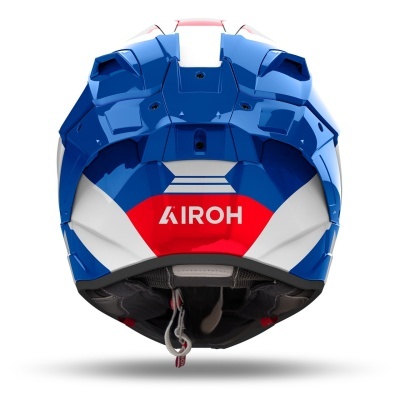 Capacete motocross azul, branco e vermelho com logotipo AIROH