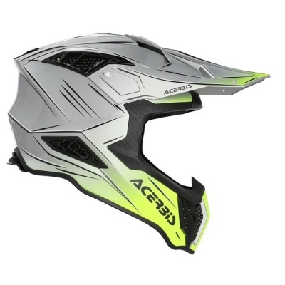 Capacete de motocross cinza e amarelo com entradas de ar e marca Acerbis