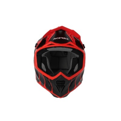Capacete de motocross vermelho e preto com interior acolchoado cinzento