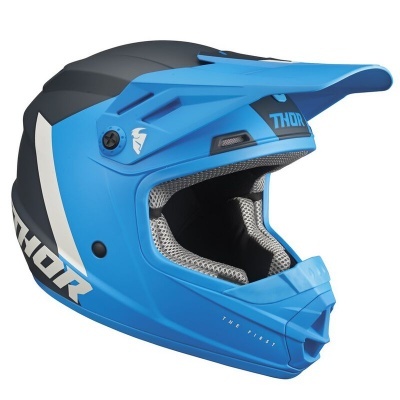 Capacete de motocross azul com detalhes pretos e brancos