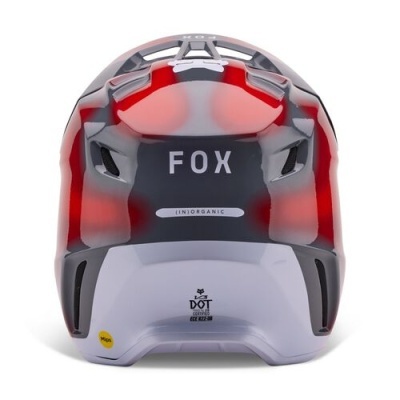 Capacete motocross vermelho, preto e branco com texto FOX e certificações DOT e SNELL