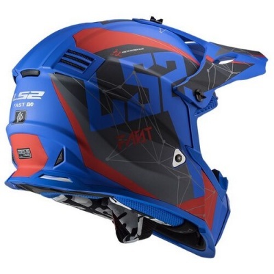 Capacete de motocross azul com detalhes vermelhos e pretos, texto LS2 FAST