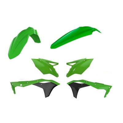 Peças plásticas verdes e pretas para motocicleta em fundo branco