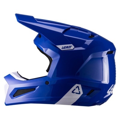 Capacete integral azul com detalhes brancos e marca LEATT