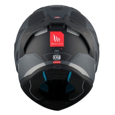 Capacete de motocicleta preto e cinza visto de trás com etiquetas e logótipo